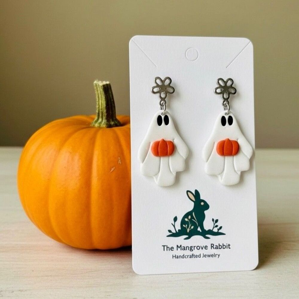 Ghosts with Pumpkin & Flower Top Handmade Polymer Clay Dangle Halloween Earrings